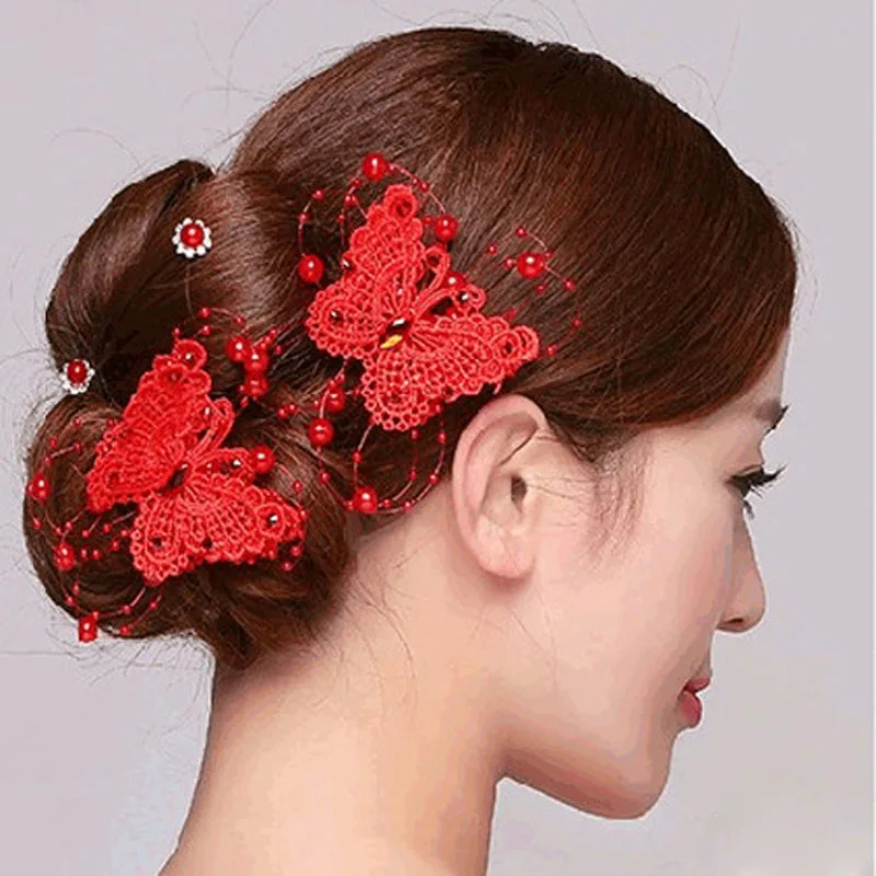 B7X5CM 1PC Butterfly Великолепная красная повязка на голову в виде короны с цветами Тиара Свадебный золотой цвет головные уборы повязка для волос гребни невесты вечерние женские украшения для волос клипсы - Окраска металла: B7X5CM 1PC Butterfly
