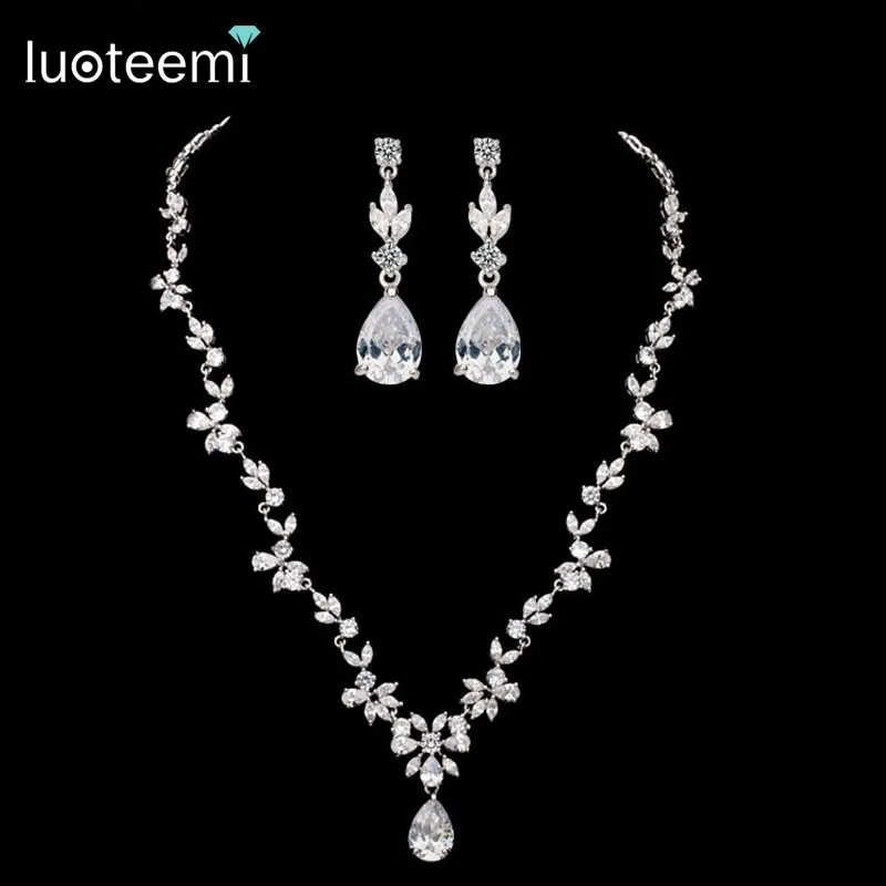 

LUOTEEMI Luxurious Bridal Vintage Drop Stone Cubic Zircon Necklace and Earrings Wedding Jewelry Set for Women