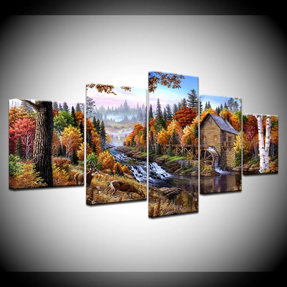

Framed Wall Art Pictures Wooden House Forest River View Home Decor Canvas HD Printed 5 Pieces Landscape Canvas Painting Artwork