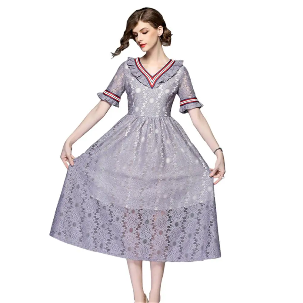 Мода v-образным вырезом All Кружевное платье миди Vestidos 2018 новый элегантный