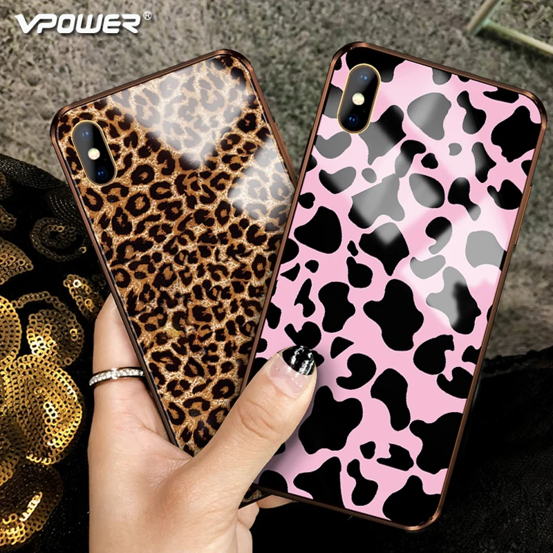 Vpower Роскошный чехол для телефона из закаленного стекла с леопардовым принтом iPhone
