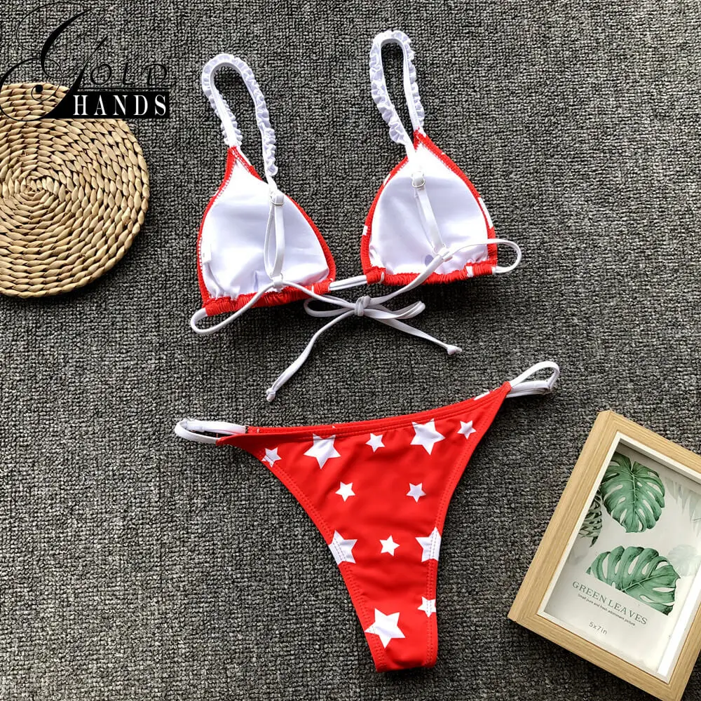 Женский купальник FDBRO красное бикини из двух предметов с принтом в виде звезд