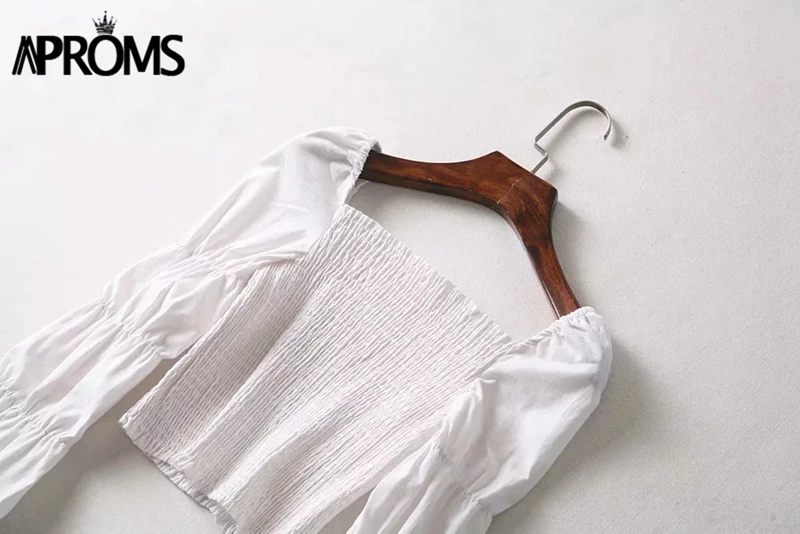 Aproms, Ретро стиль, квадратная горловина, блузка, рубашка для женщин, пышная, рукав 3/4, белый, короткий топ, летняя, высокая, уличная, Тонкая блузка, блуза