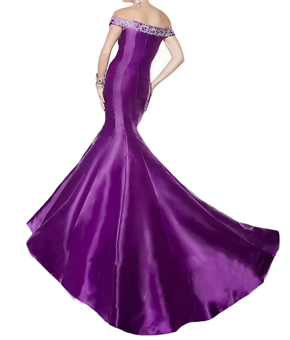 JaneVini Sexy Mermaid Royal Blue Evening Dress Off Shoulder Gown Sequins Beaded Long Satin Dresses Sweep Train Vestidos De Noite | Свадьбы и