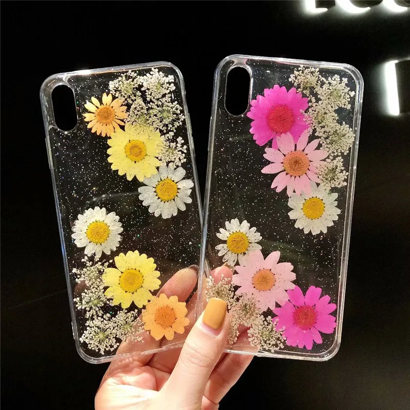 Colorful Real Dried Flowers Soft Phone Case For iPhone X XS Max XR Cute Clear Floral Back Cover 6 6S 7 8 Plus Coque |