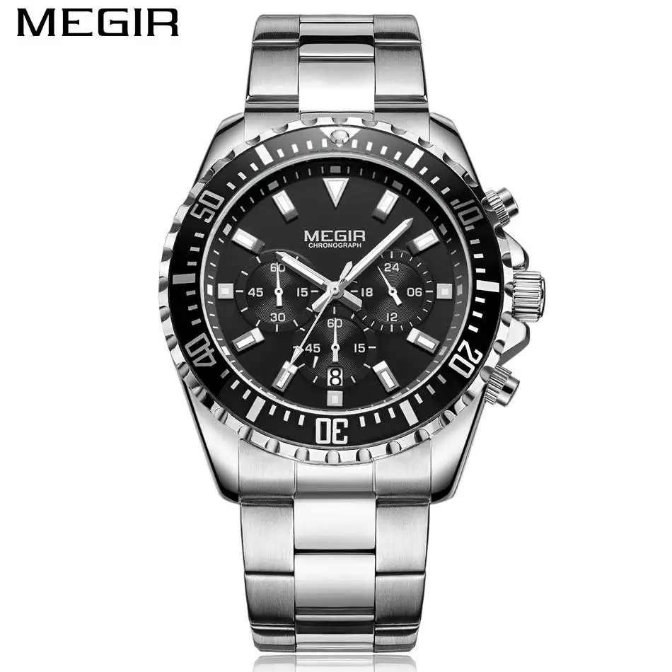 Megir Men's Green Dial Stainless Steel Quartz Watches Business Chronograph Analgue Man Wristwatch Waterproof Luminous Male Clock - Цвет: silver black