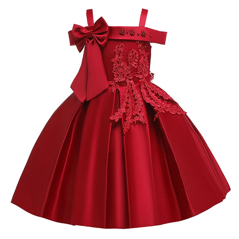 Elegant One word shoulder children's dress summer girl party princess big bow lace kids baby wedding flower clothes | Детская одежда