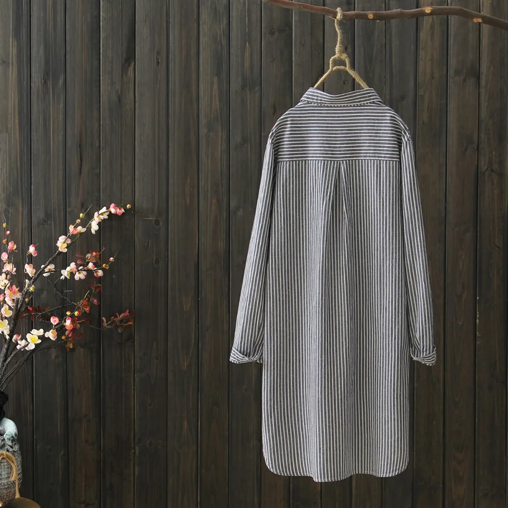 New style spring and Autumn women tops long blouse cotton linen shirt embroidered Snowman loose stripe camisa |