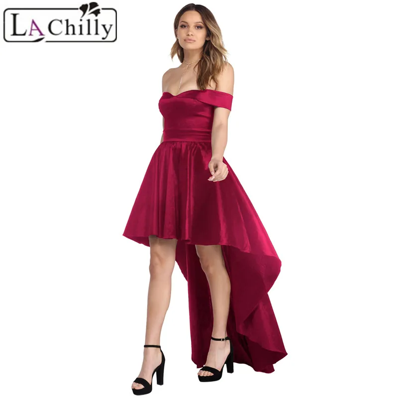 La Chilly Womens Clothing 2018 Asymmetrical Summer Dresses Black Red Off Shoulder Party Taffeta Gown Vestido De Verano LC610350 | Женская