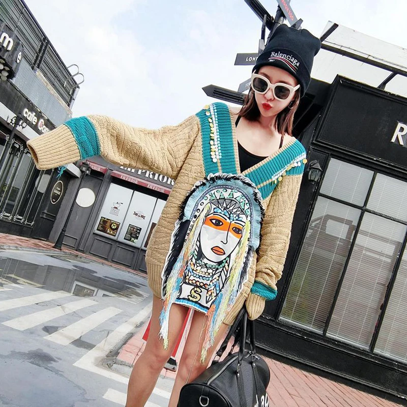 Thai Tide brand 2020 autumn and winter beaded tassel Indian face V-neck loose large size long thick women's sweater women | Женская