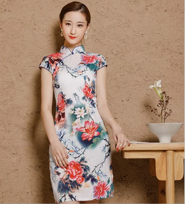Женские льняные хлопковые Чонсам с изображением Шанхая Qipao платья плюс размер XXXL 4XL 5XL летние короткие китайские традиционные печати элегантные - Цвет: Коричневый