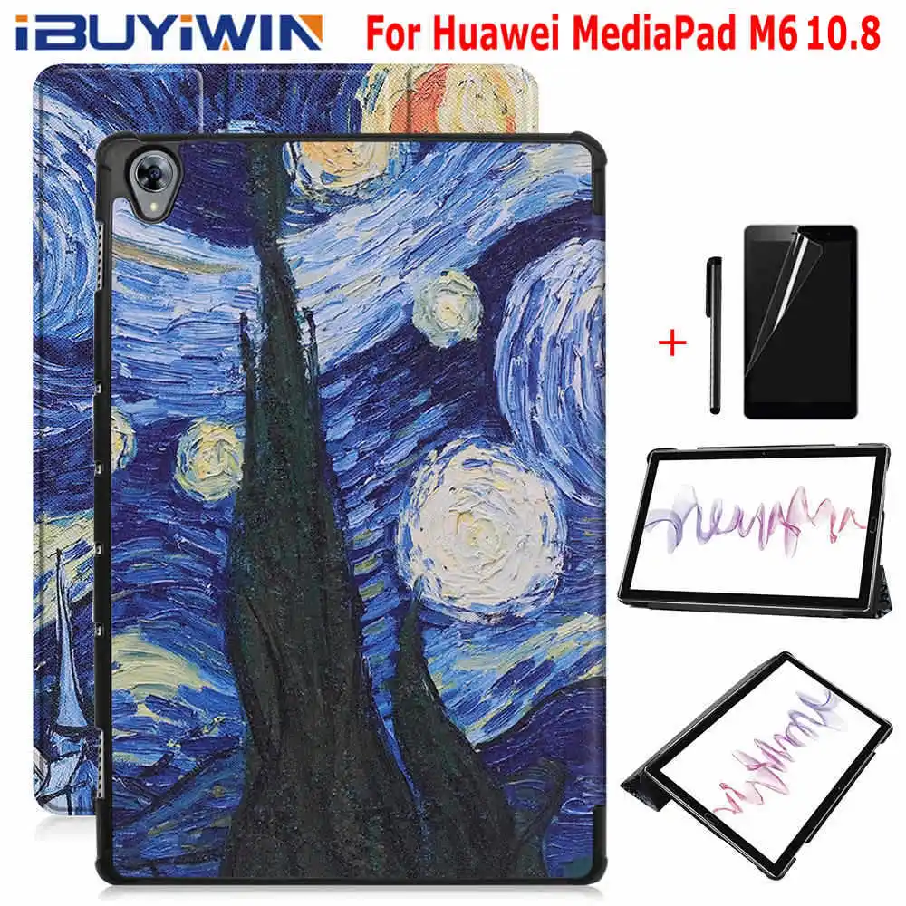 Окрашенный умный чехол из искусственной кожи для huawei MediaPad M6 10,8 дюймов планшет Funda Capa чехол для huawei M6 Pro 10,"+ пленка для экрана+ ручка
