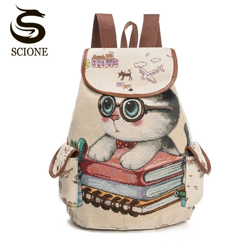 Scione Cute Cat Backpack для женщин и девочек брезентовый Рюкзак со шнурком рюкзаки с