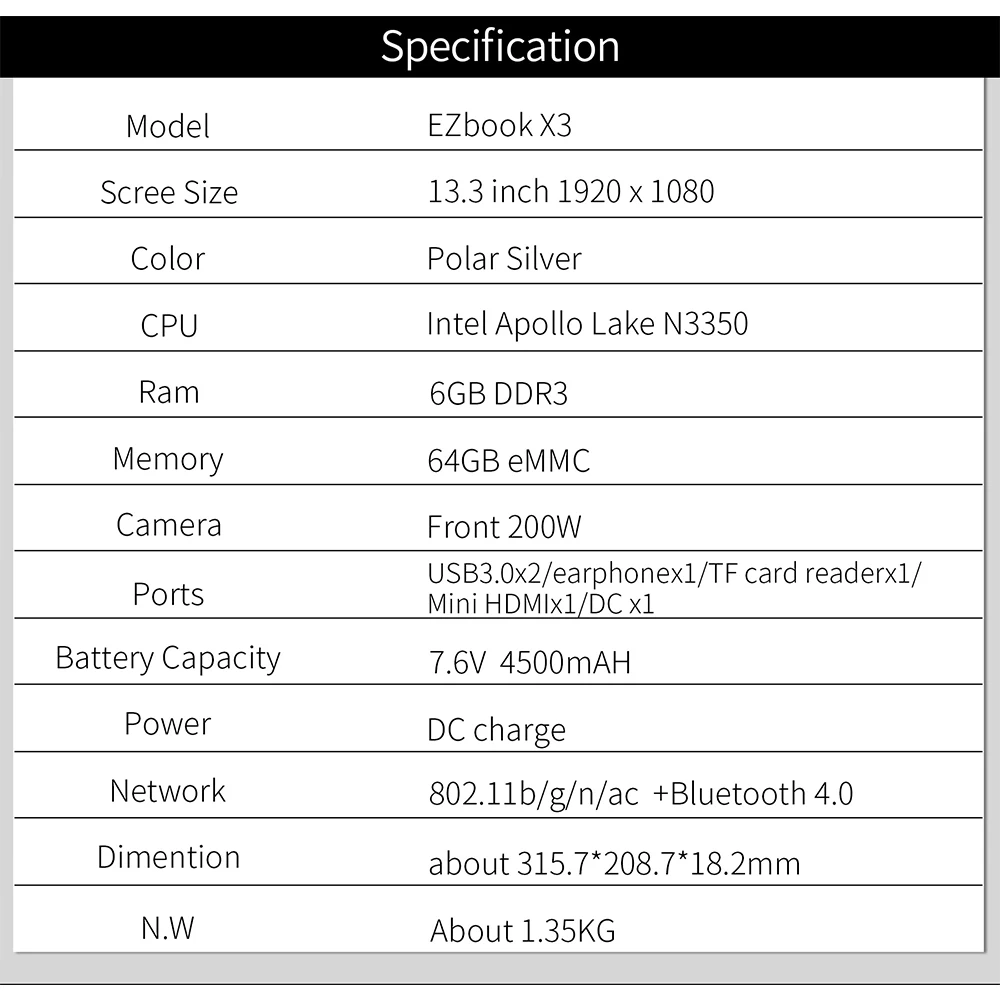 Ноутбук 13 3 дюйма с IPS дисплеем ОЗУ 6 ГБ ПЗУ 64 eMMC Intel Apollo Lake N3350 2 4 ГГц/5G Wi Fi разъемом M.2