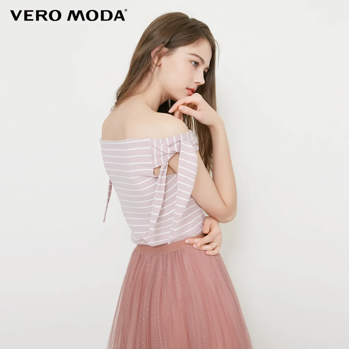 Vero Moda Женская Полосатая футболка с вырезом лодочкой и декоративными рукавами | 318201550