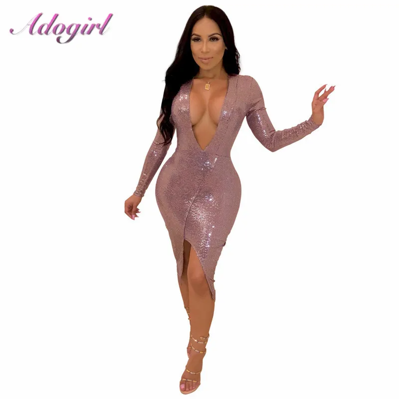 Сексуальное асимметричное платье до середины икры Adogirl с блестками и глубоким