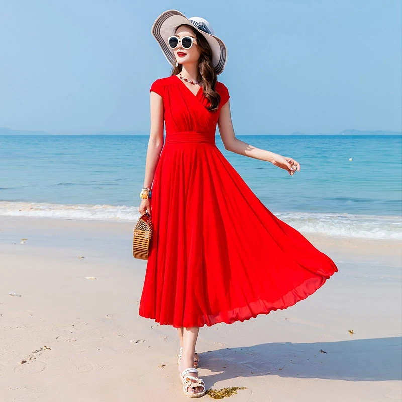 Женское платье Пляжное красное однотонное высокого качества|Женские платья| |