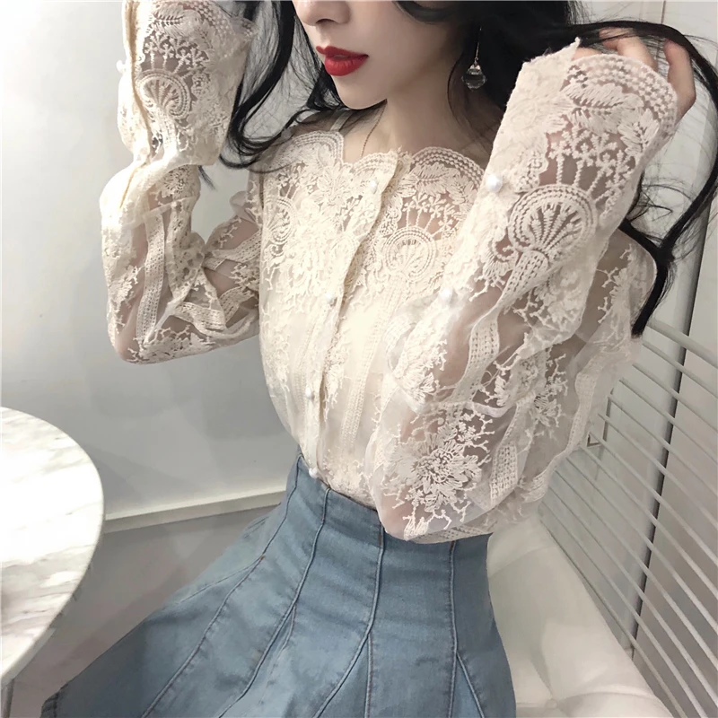 

Women's Clothing Vintage Lace Floral strapless Slash Neck long sleeve Women Blouses sexy perspective Women Shirts New Spring