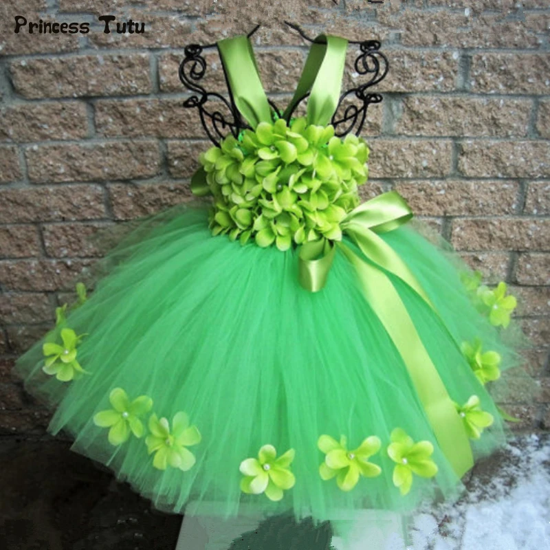 Green Girls Flower Tutu Dress Tulle Garden Fairy Princess Kids Wedding Birthday Party Dresses For Costume 1-14 | Детская одежда и