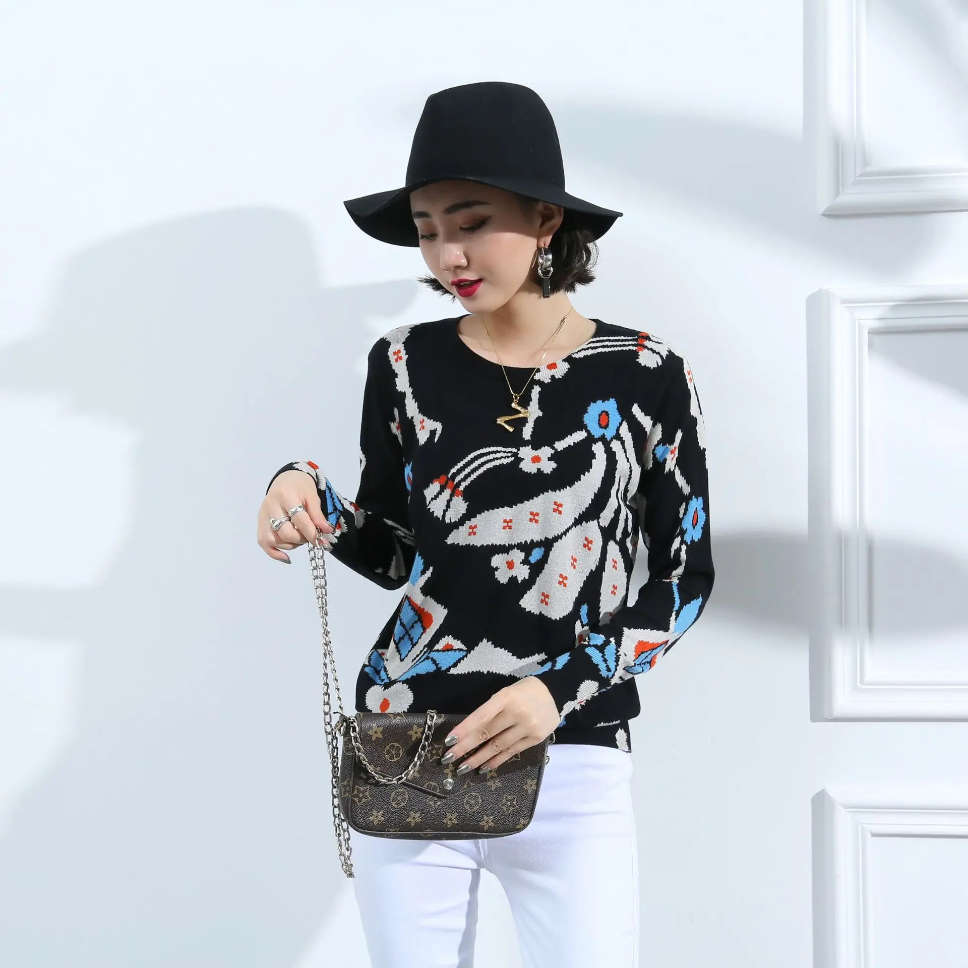 Navy Blue Элегантный женский свитер на каждый день, Модные свободные женские свитера и пуловеры, сексуальный красивый принт, подиумный Роскошный джемпер Sueter Mujer - Цвет: Navy Blue