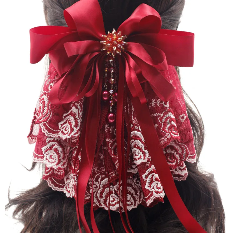 Красная атласная кружевная заколка для волос ручной работы в стиле &quotЛолита&quot с
