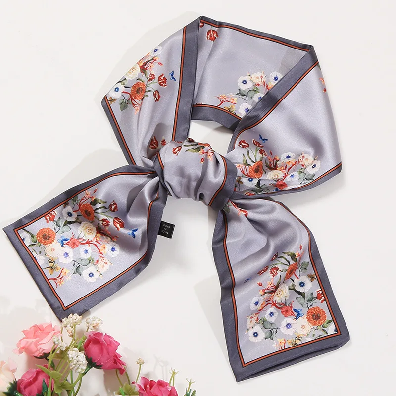 

Summer women scarf INS multifunctional double-sided sunscreen printing students narrow tied neck satin long silk towel