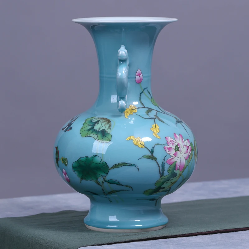 

Antique Jingdezhen Celadon Vase Furnishing Articles Blue Glaze Peony Flower Study Decorative Ceramic Arts and Crafts