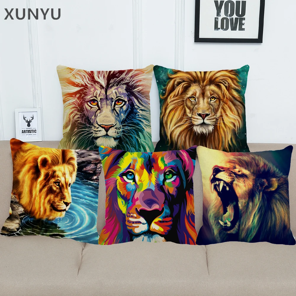 

XUNYU Male Lion Avatar Printing Linen Pillowcase Home Sofa Square Pillow Case Chair Decorative Cushion Cover 45X45cm BZ206