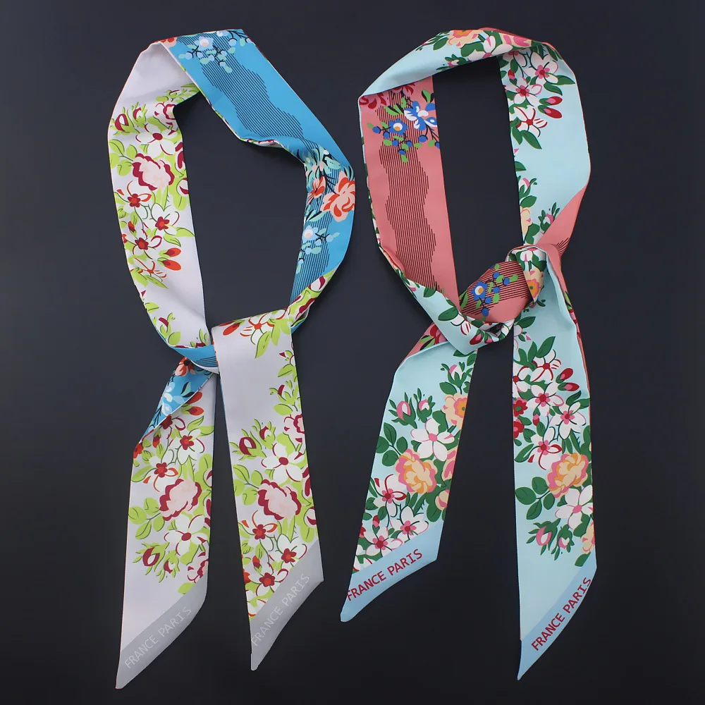 2018 New Design Coin Floral Print Fashion Silk Scarf Women Luxury Handle Bag Ribbons Head Small Long Scarves |