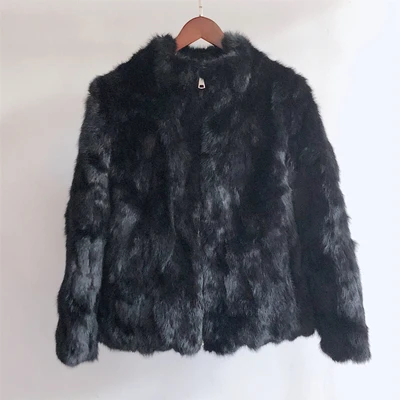 Black zipper Высококачественное пальто из натурального меха, модные меховые пальто из натурального кролика, элегантная женская зимняя верхняя одежда с воротником-стойкой, куртка из кроличьего меха - Цвет: Black zipper