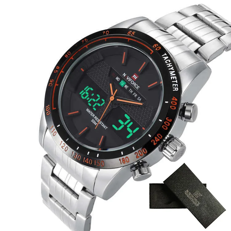 silver orange NAVIFORCE, повседневные часы для мужчин, спортивные, светодиодный, цифровые часы, водонепроницаемые, кварцевые часы для мужчин, люксовый бренд, стальной ремешок, relogio masculino, часы - Цвет: silver orange