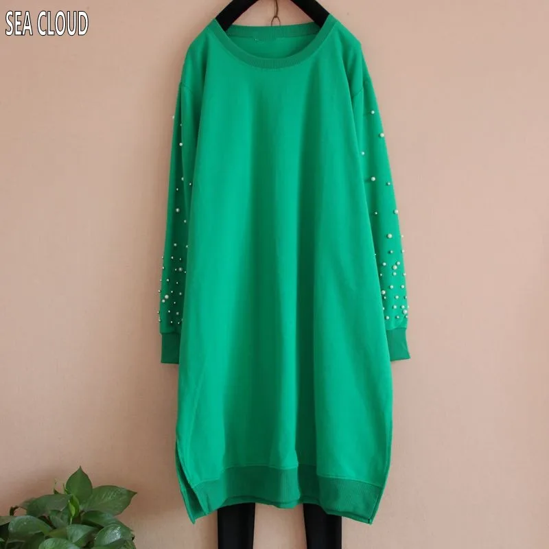 

82 spring & autumn female long-sleeve t-shirt straight plus size solid color big beading thread tshirt women