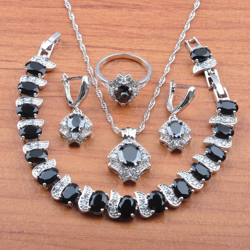 

Топ горячий черный циркония серебряного цвета с кристальной платформой Цвет набор украшений для женщин серьги и ожерелье с кулоном, кольца ...