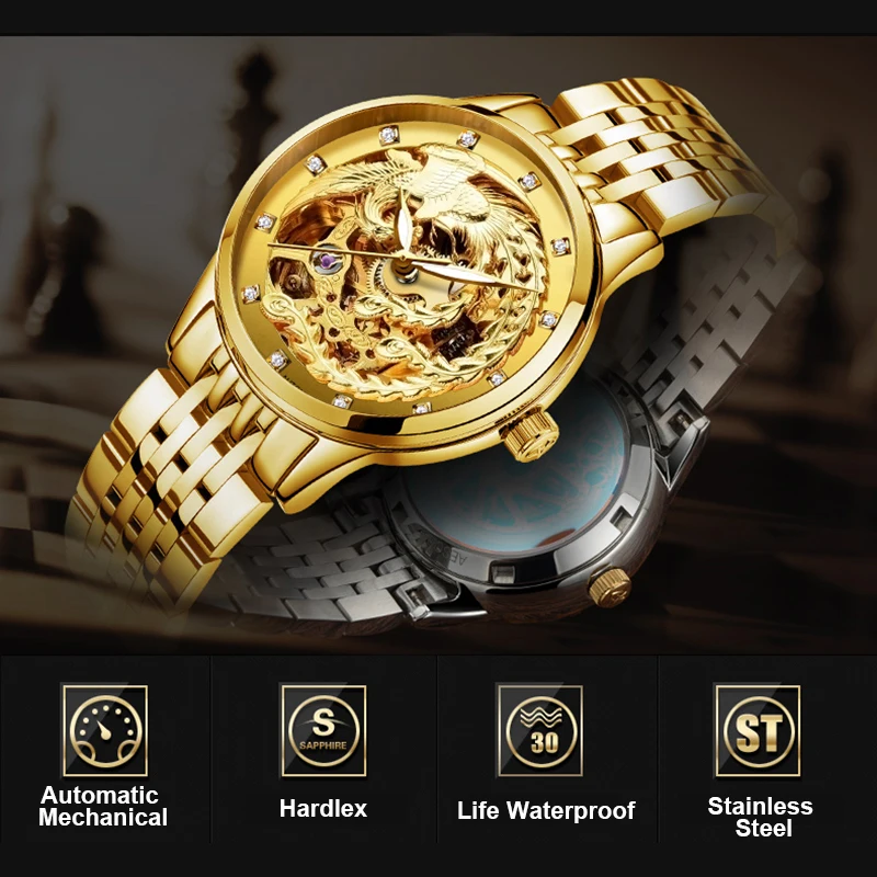 TEVISE женские роскошные золотые автоматические механические часы с Фениксом