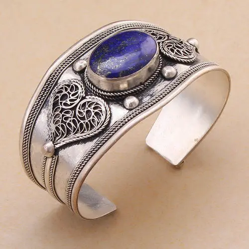 

Retro tibet silver heart love bling inlay Lapis Lazuli bead cuff bracelet Vintage style Adjustable Party Gift &6YB00008