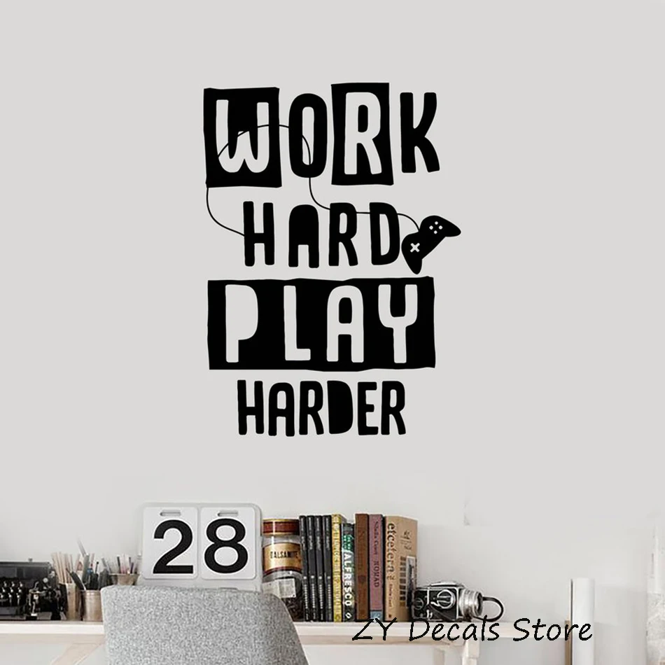 

Gamer Quote Vinyl Wall Decal Video Game Work Hard Play Harder Art Stickers Mural Bedroom Decoration Removable Wall Sticker S631