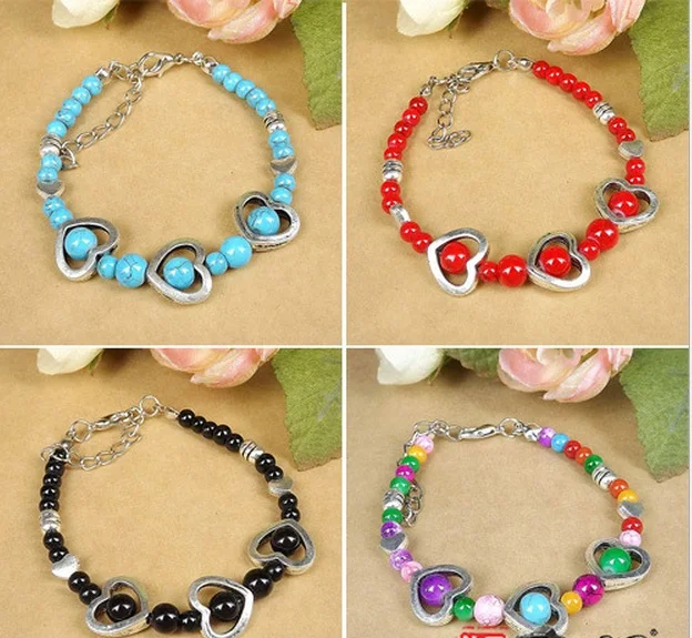 Ретро тибетский серебряный цветные бусины браслет геометрическая уход за