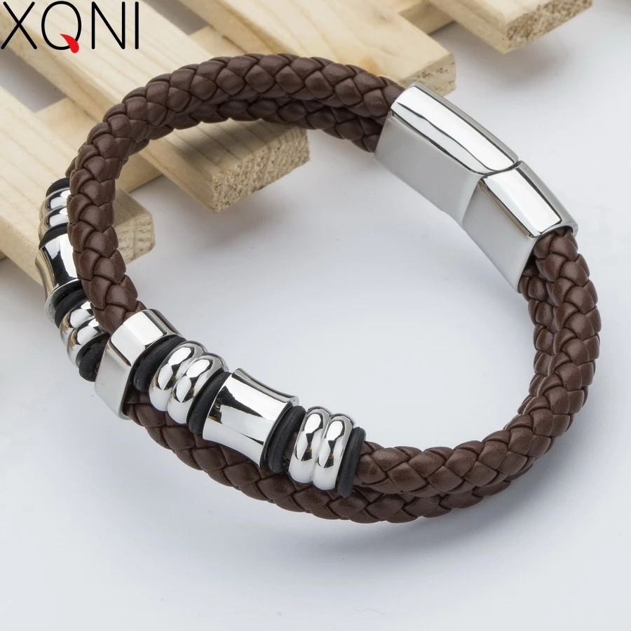 

XQNI Brand Fashion Brown Leather Bracelets For Men Vintage Handmade Charm Female Stainless Steel Punk Bracelets Bangles Jewelry