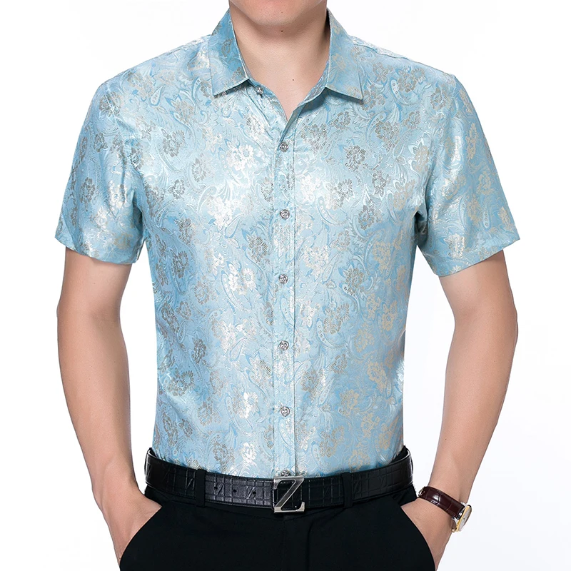Мужское атласное платье с коротким рукавом Повседневная шелковая рубашка