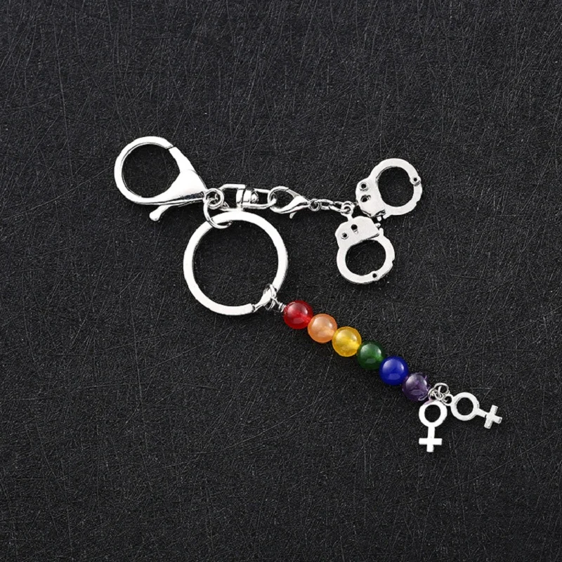 2019  Pride Rainbow Handcuffs Keychains Car keyrings Women's bag accessories Girl Symbol Rhinestone Keys Pendant Jewelry