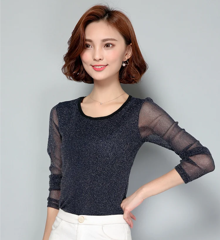 черные повседневные шифоновые Блузы Новинка 2017 осенние женские блузки с круглым