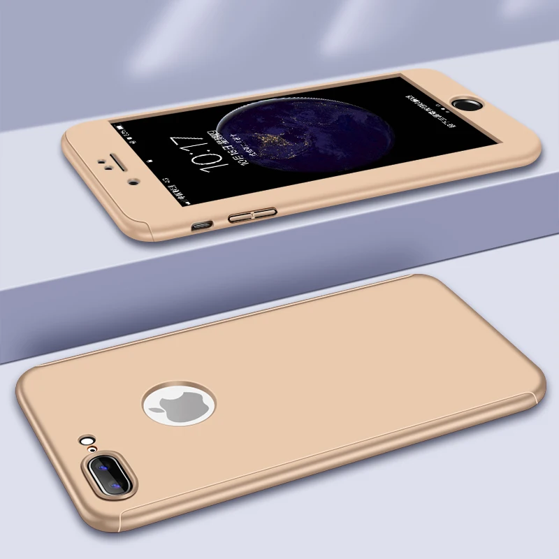 Золотой Чехол на 360 градусов для iPhone 7, 8 Plus, X, XR, XS Max, с закаленным стеклом, Жесткий Чехол для iPhone 6, 6splus, X, 5, 5S, SE - Цвет: Золотой