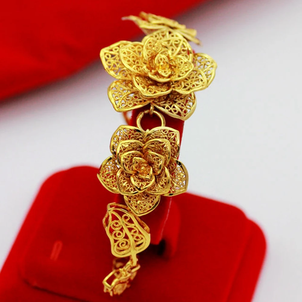 Цветок филигранный браслет цельный желтый золотой заполненный женский