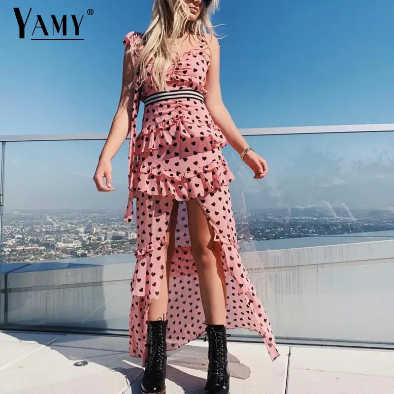 Летнее платье для женщин рюшами vestidos розовые женские платья элегантная одежда
