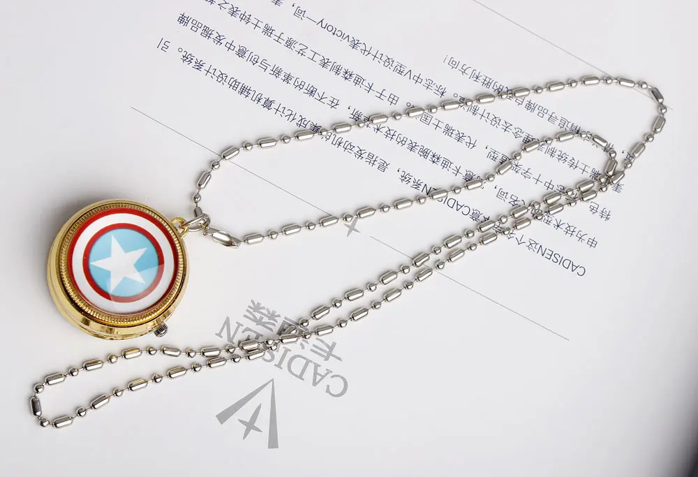 Бесплатная доставка золотистые кварцевые карманные часы Капитан Америка со