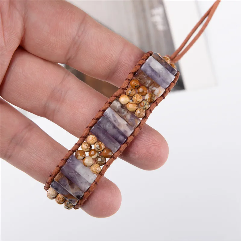 2018 Новый Boho браслет винтажный кожаный полудрагоценный камень манжета украшенный