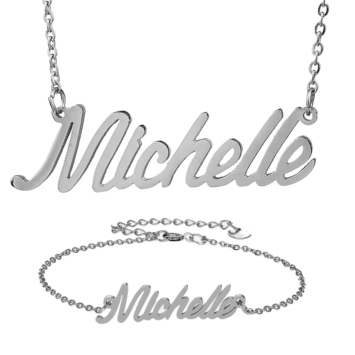 Модное ожерелье из нержавеющей стали браслет набор &quotMichelle&quot надпись золото