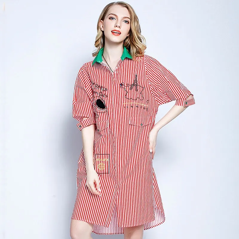 Красный белый рубашки Газа макси размер свободные блузки женские длинные с