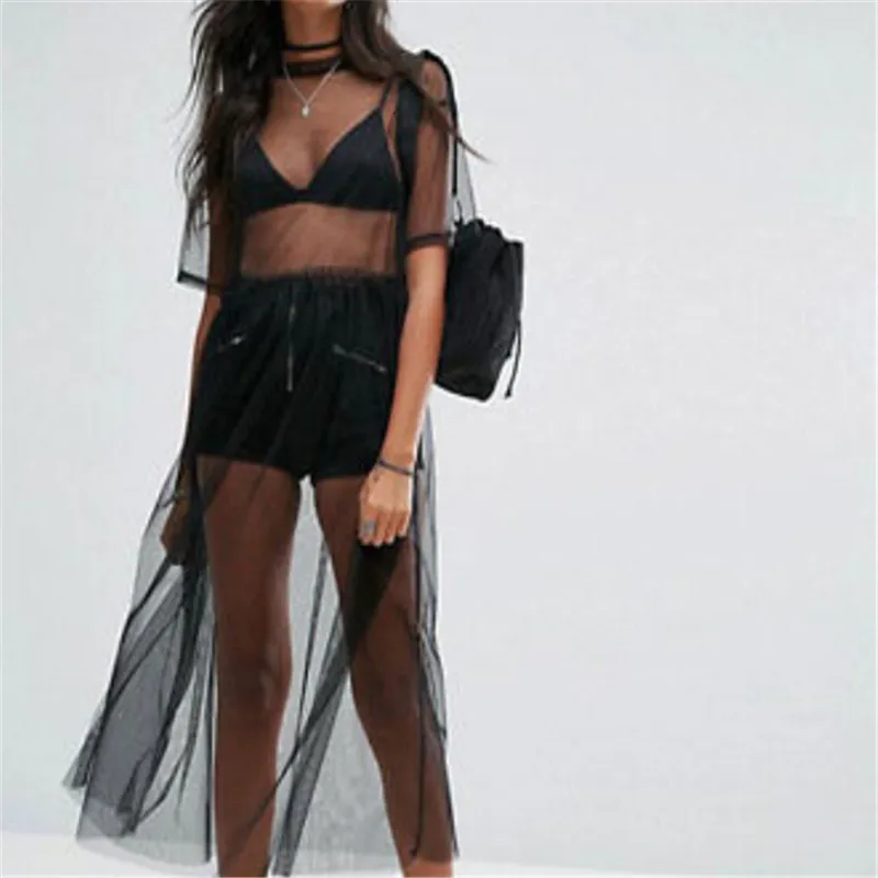 Пляжная накидка 2017 сексуальное женское черное Сетчатое платье миди Прозрачное