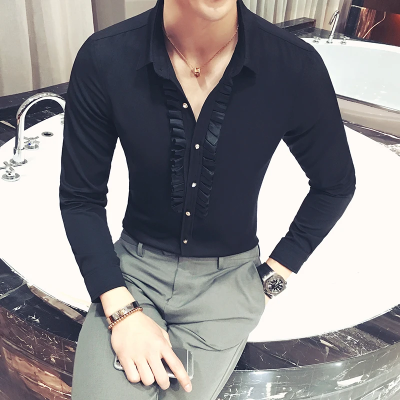 

Men Shirt Fashion Slim Solid Color Long-sleeved Shirt Nightclub Bar Barber Shirt High-end Business Casual Evening Dress Shirt
